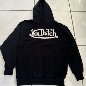 EUC VON DUTCH Black Embroidered Chenille Logo Print Pullover Hoodie Size XS